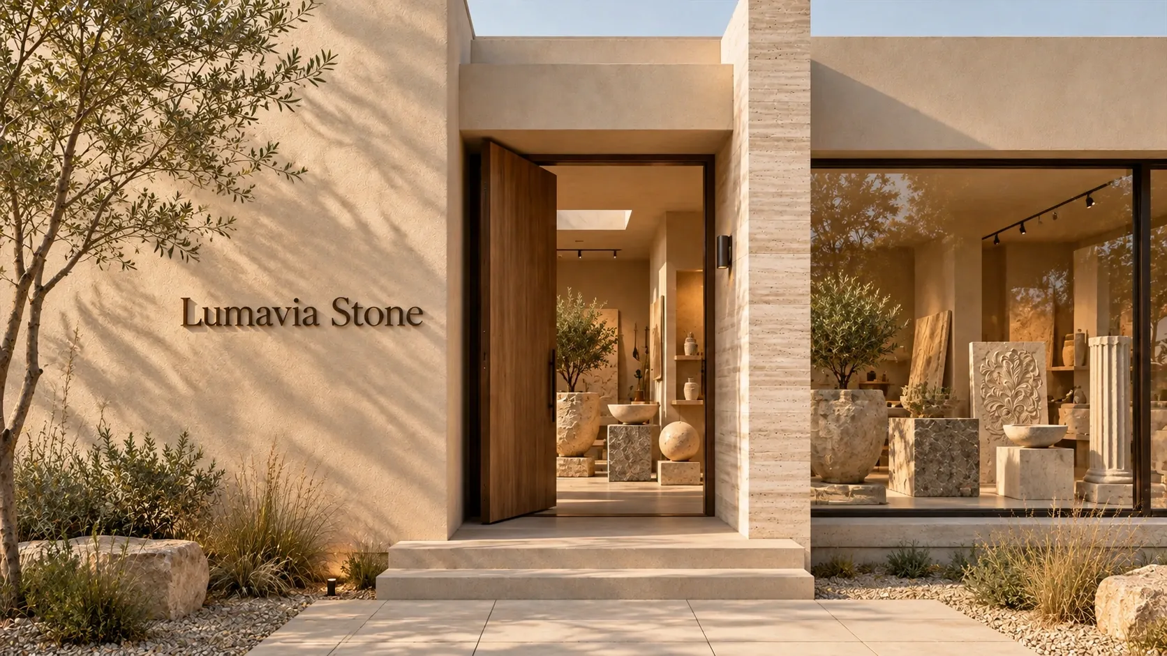 Concept illustration of a Lumavia Stone showroom entrance in warm light