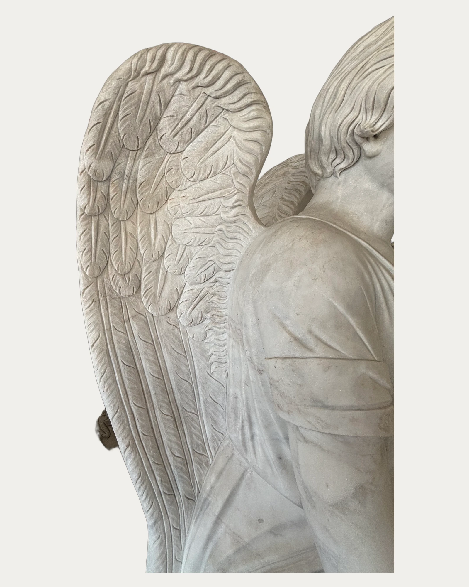 Standing Angel with Torch and Roses Statue, carving and surface detail 1