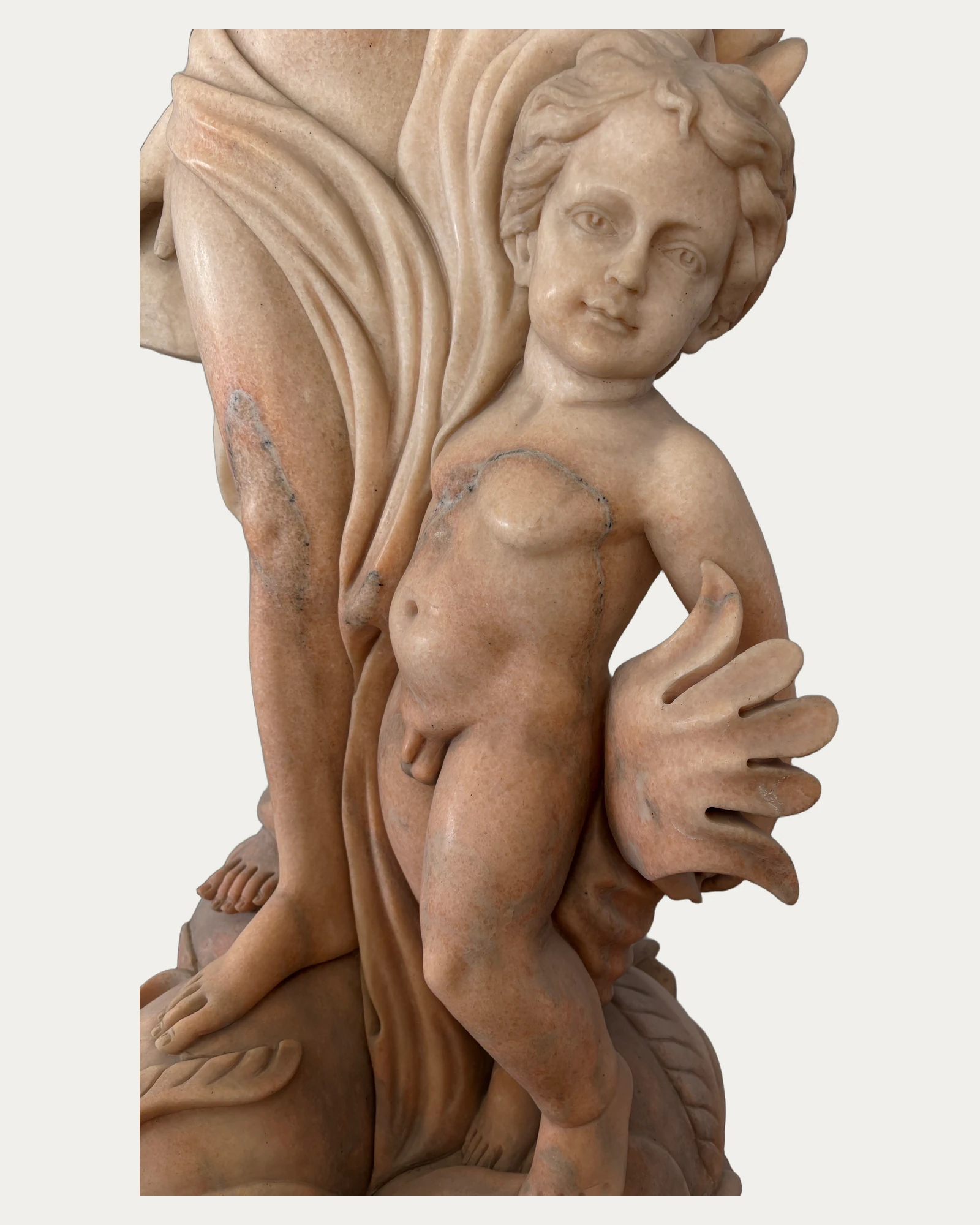 Woman and Child with Fish Sculpture, carving and surface detail 1