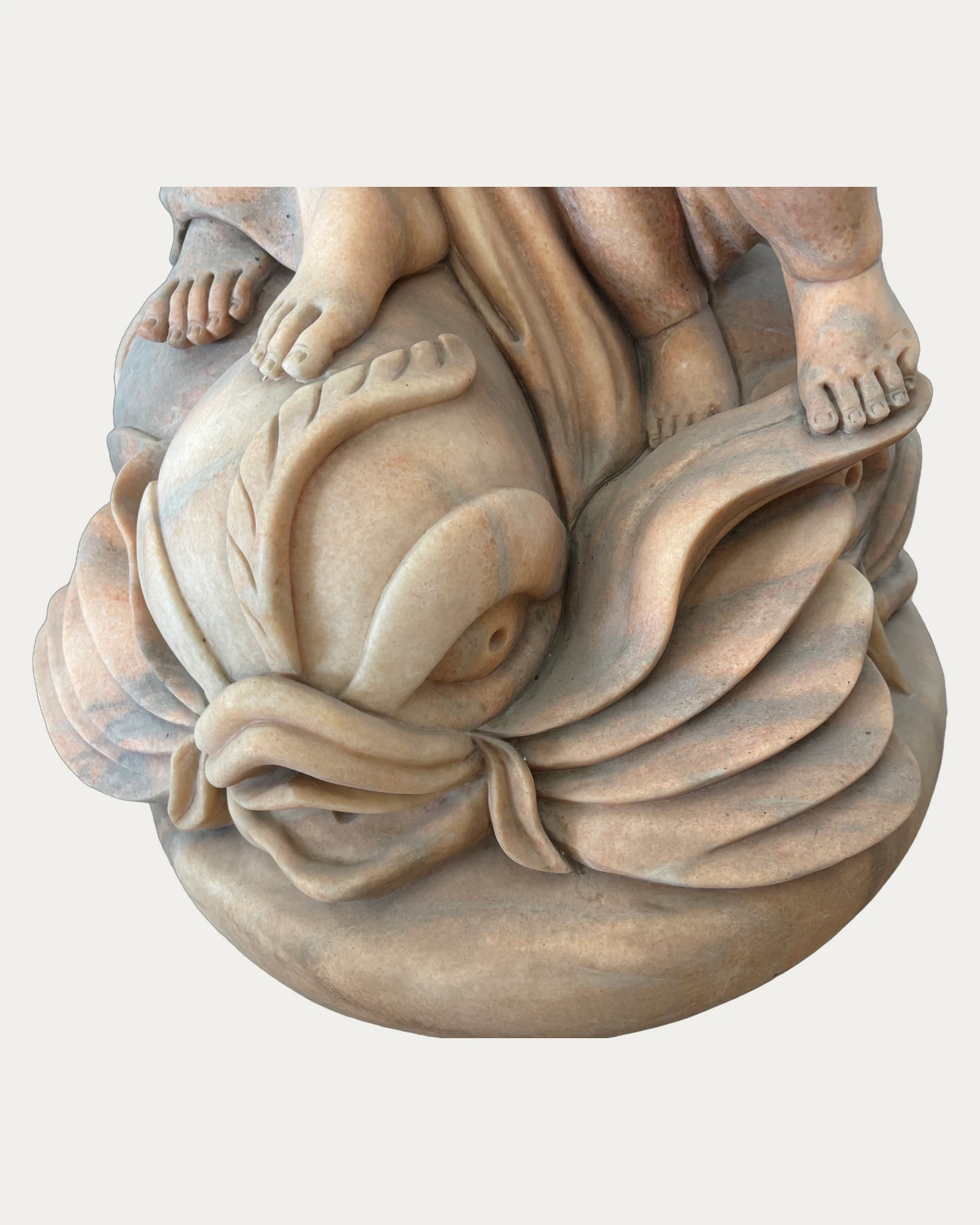 Woman and Child with Fish Sculpture, carving and surface detail 3