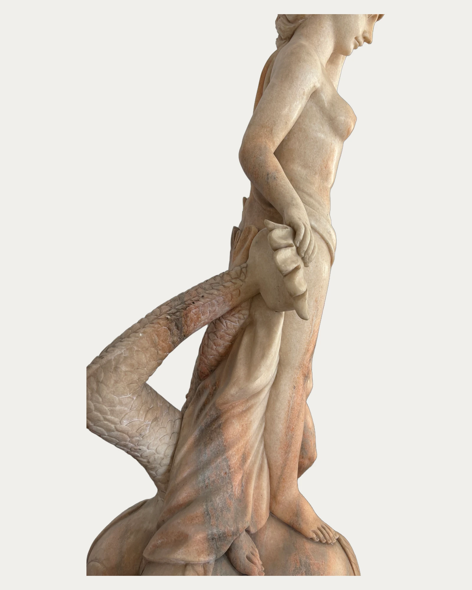Woman and Child with Fish Sculpture, carving and surface detail 4