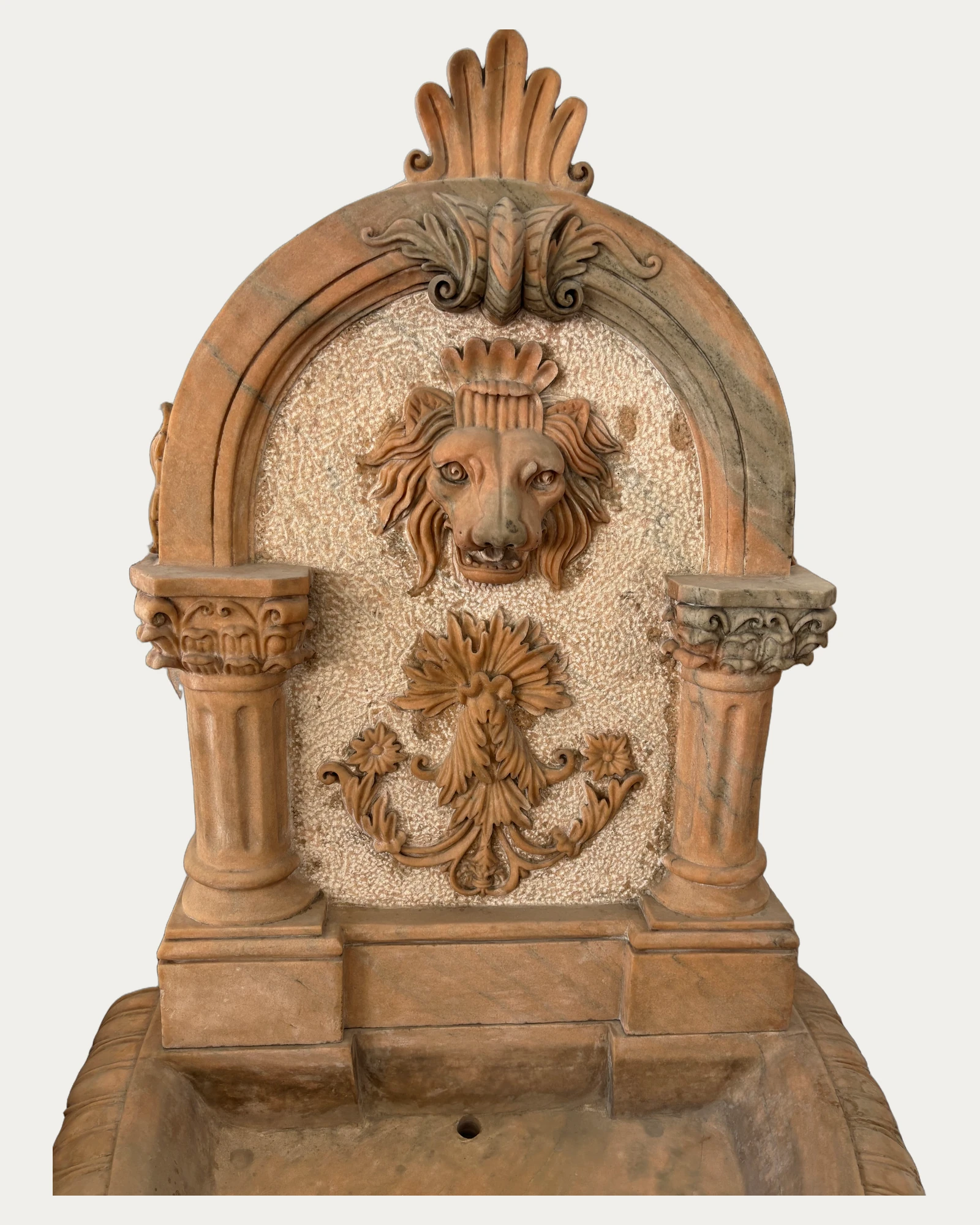 Lion Head Relief Wall Fountain, carving and surface detail 1