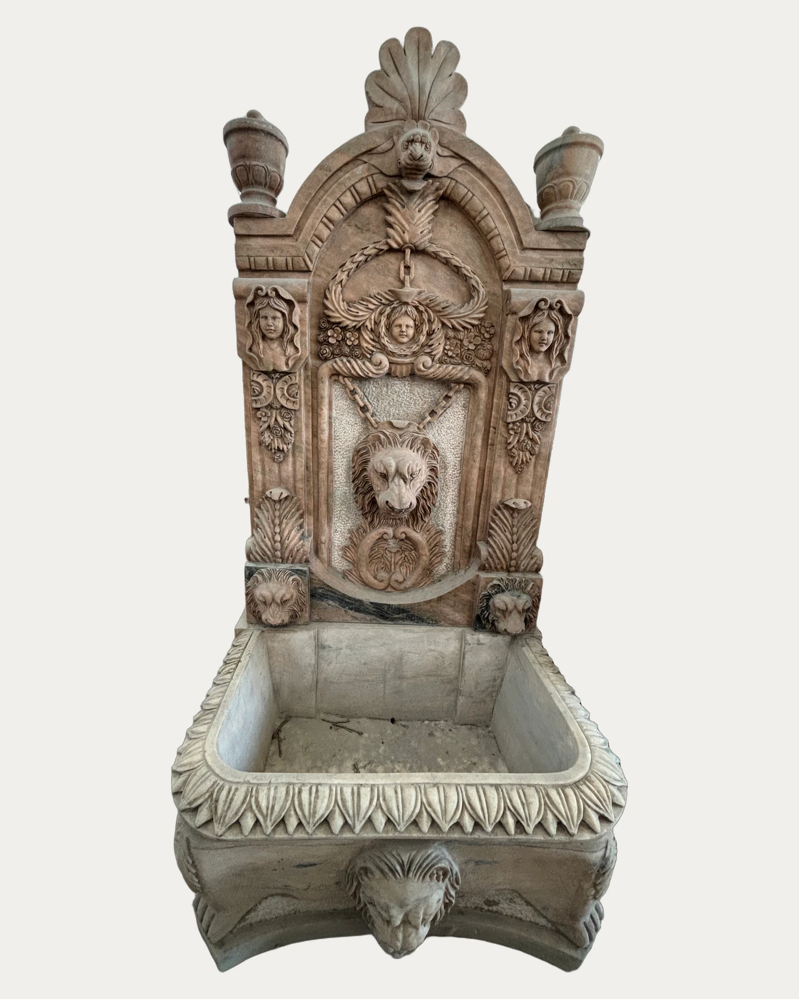 Ornate Lion Wall Fountain, front view