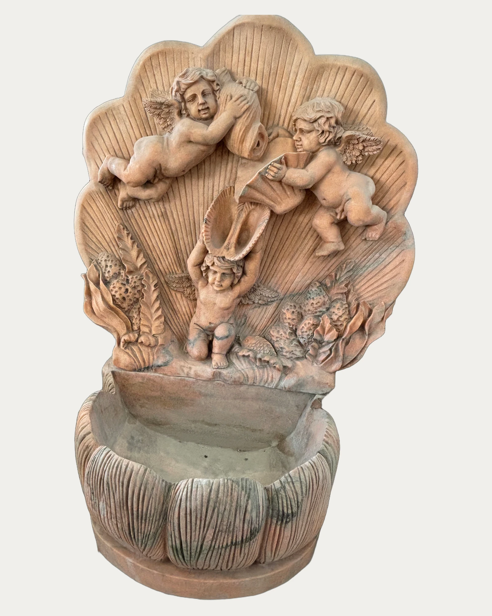 Shell and Cherub Wall Fountain, three-quarter view