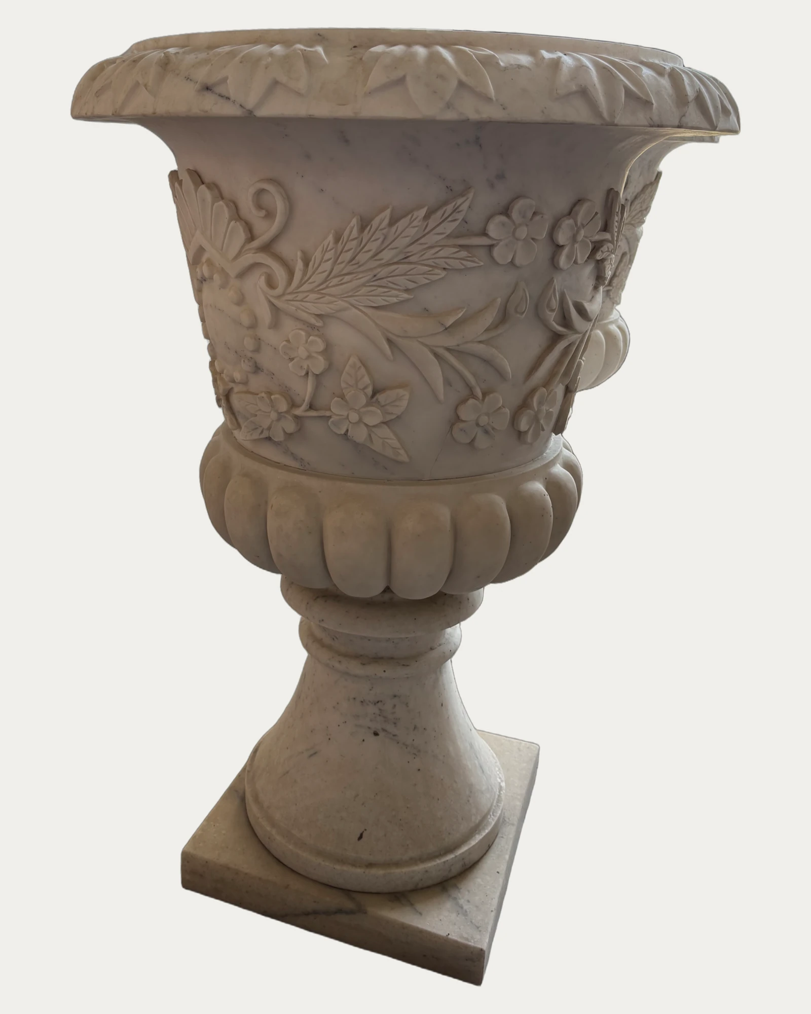White Floral Urn Planter, front view