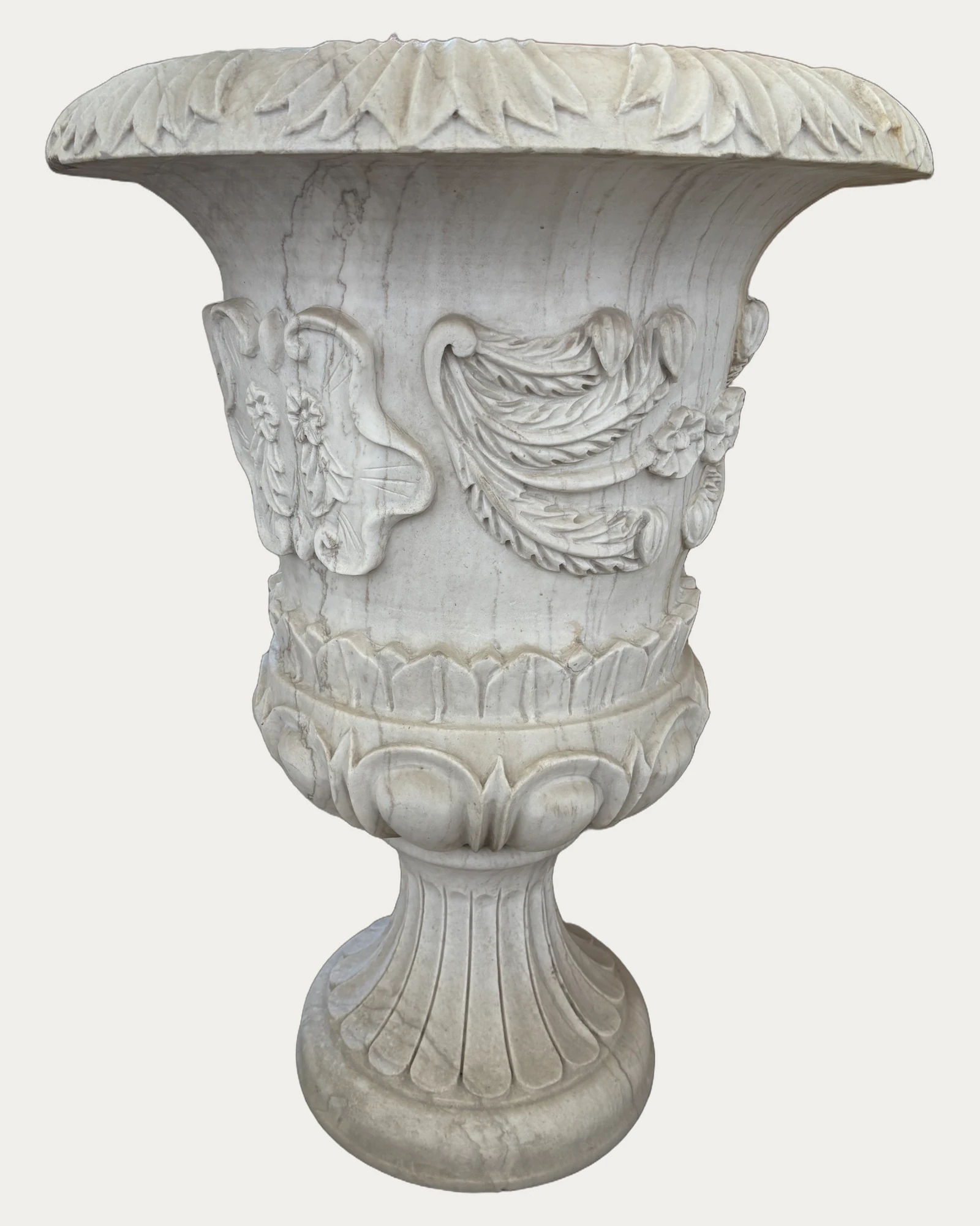 Ribbon and Floral Relief Urn Planter, front view