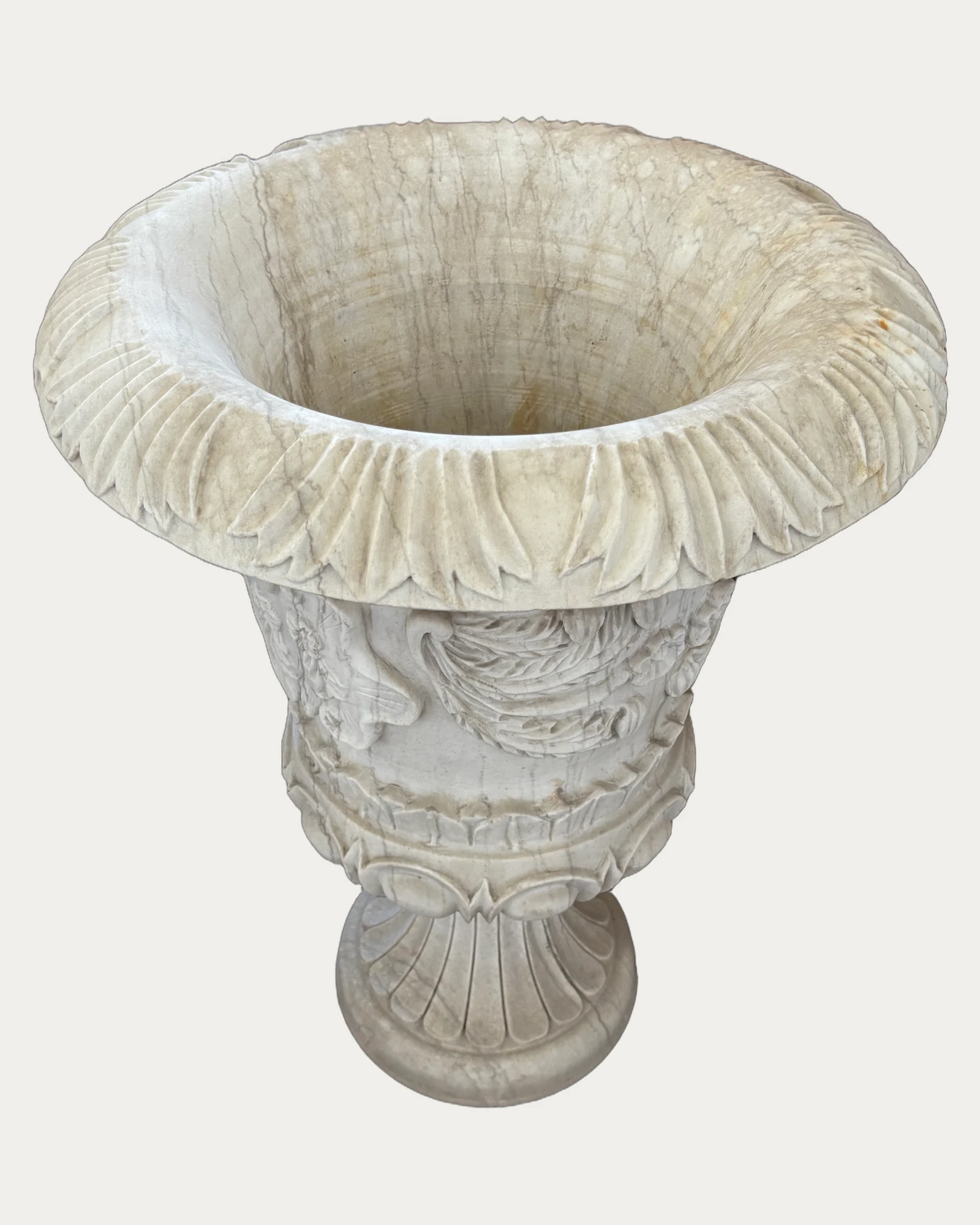 Ribbon and Floral Relief Urn Planter, carving and surface detail 1