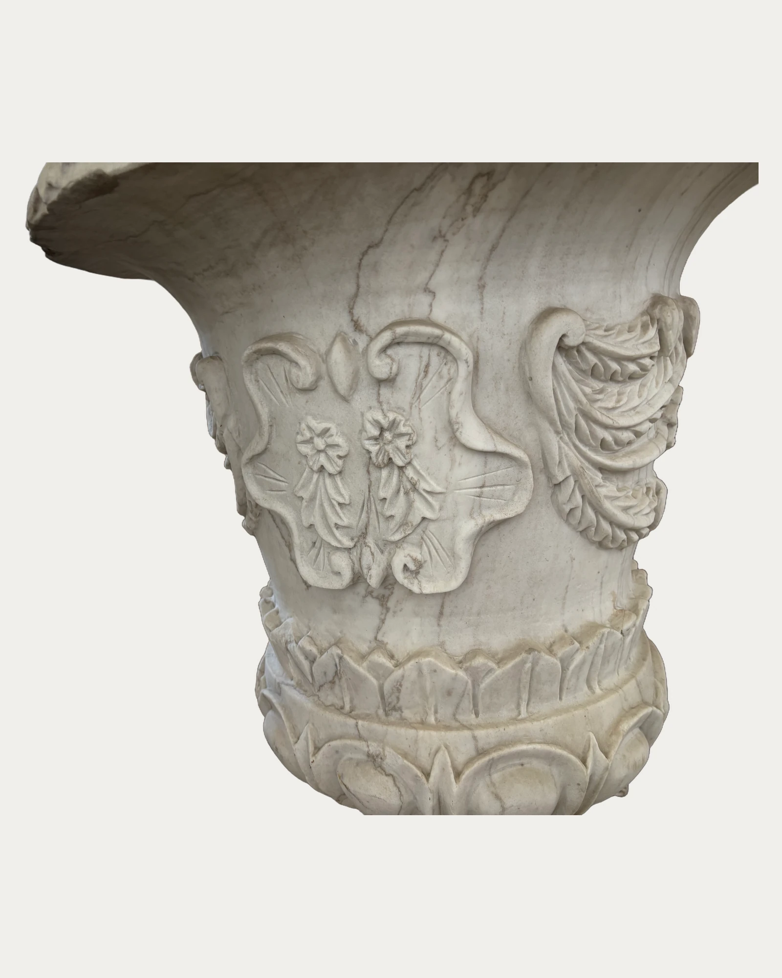 Ribbon and Floral Relief Urn Planter, carving and surface detail 2