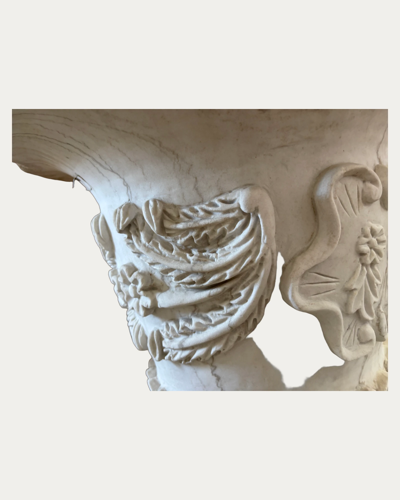 Ribbon and Floral Relief Urn Planter, carving and surface detail 4