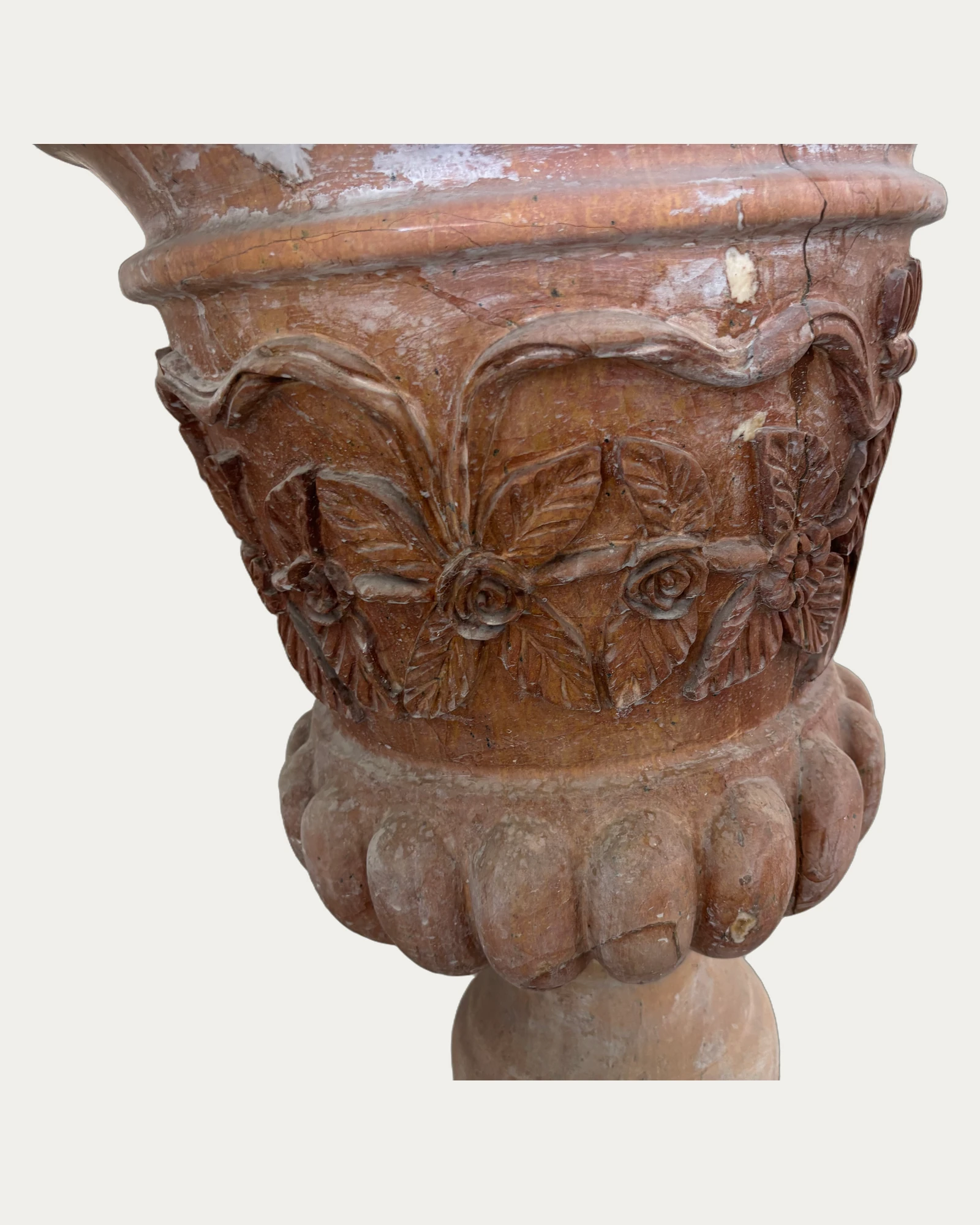 Red Relief Urn Planter, carving and surface detail 1