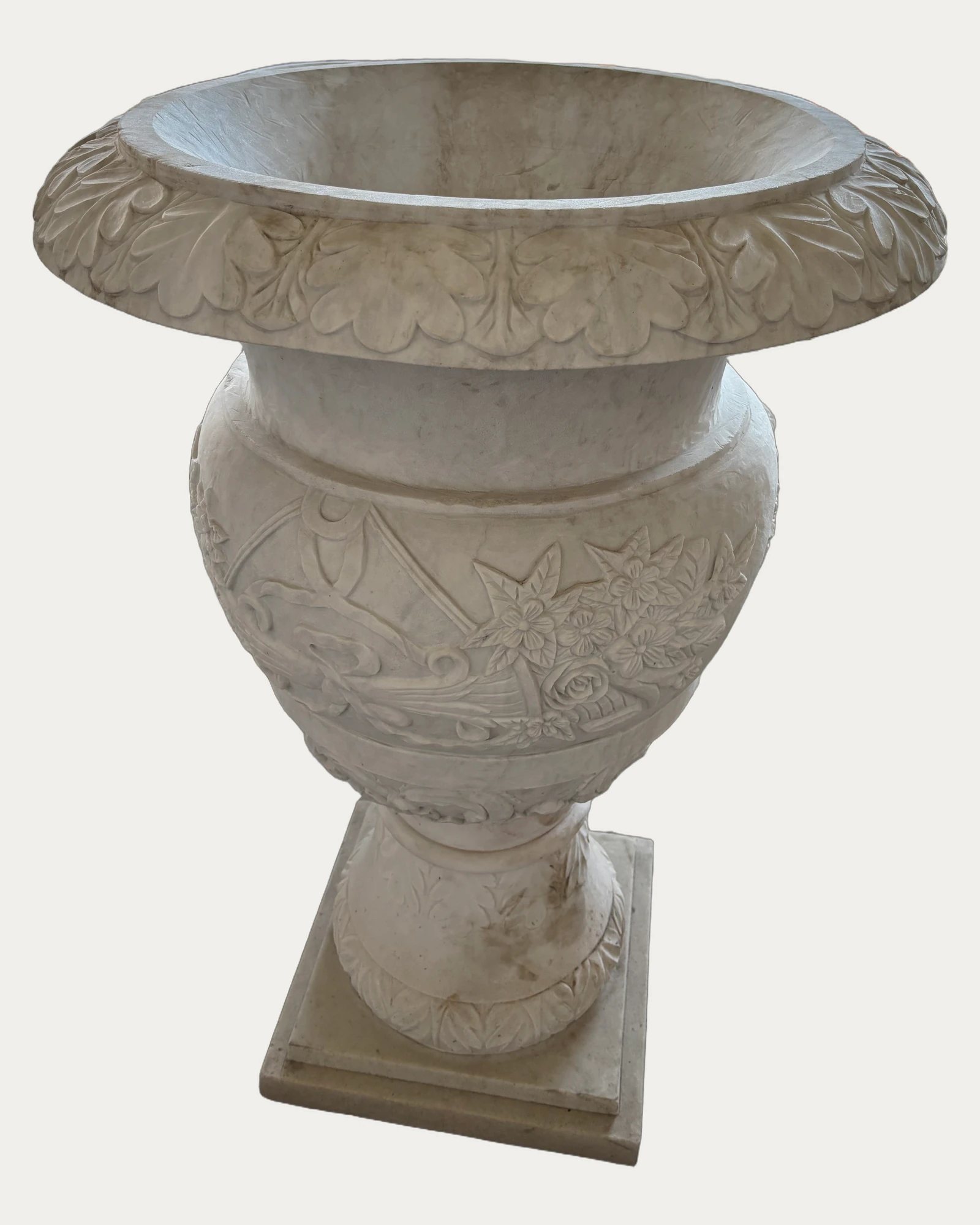 Large White Floral Urn Planter, front view