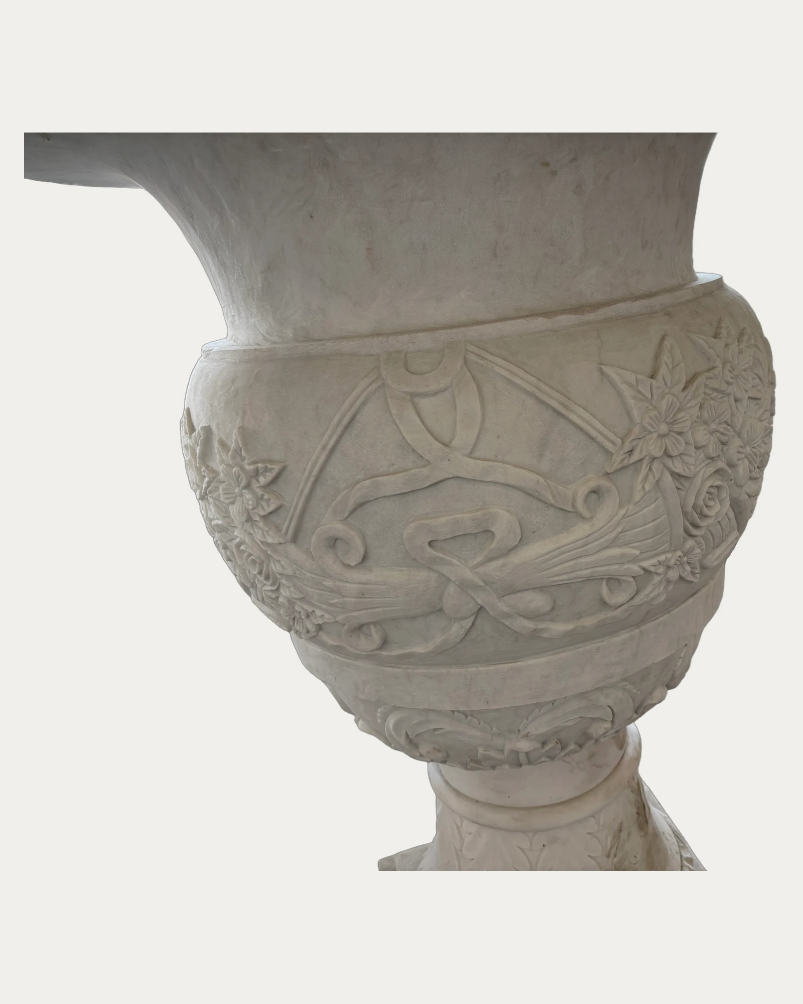 Large White Floral Urn Planter, carving and surface detail 1