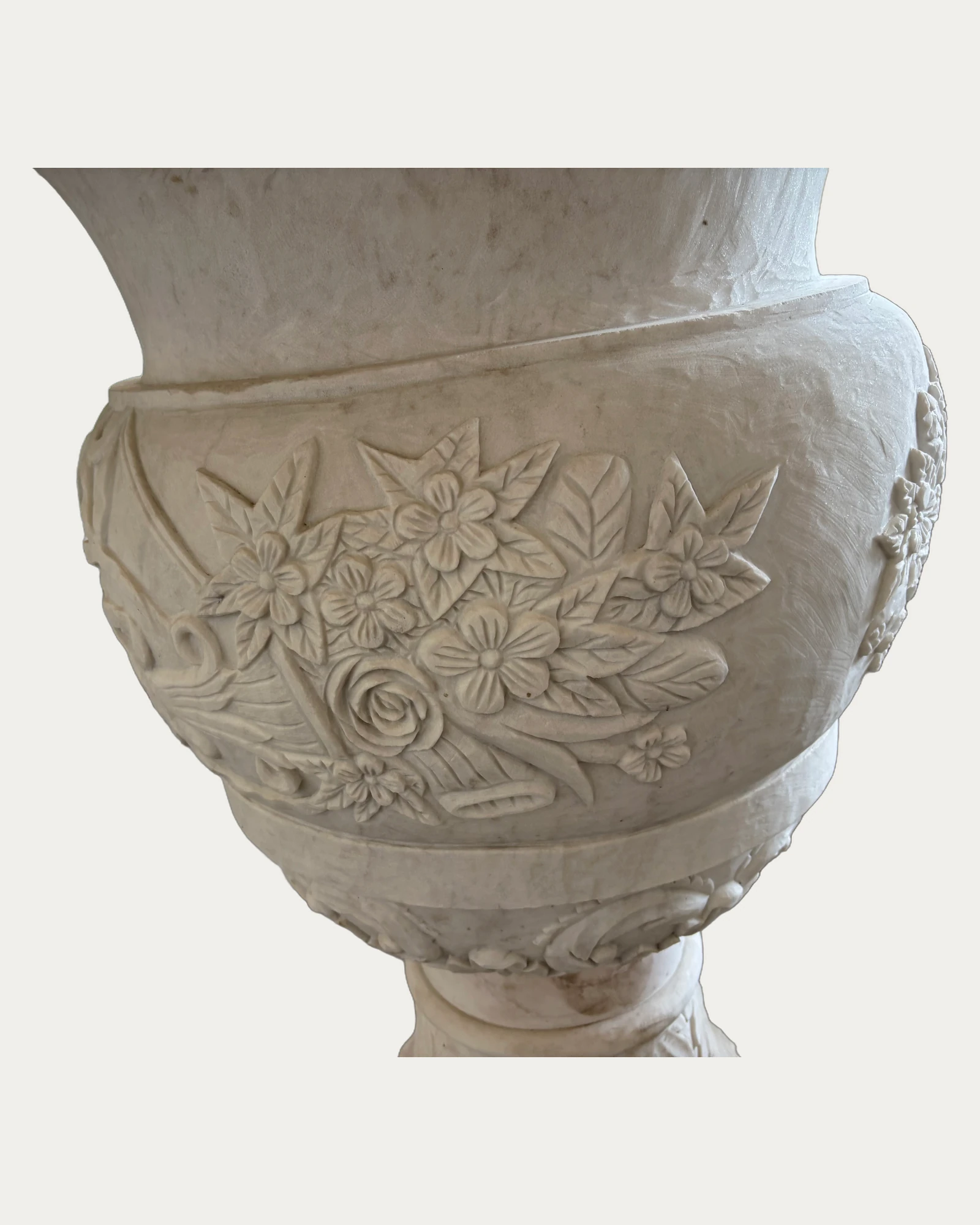 Large White Floral Urn Planter, carving and surface detail 2