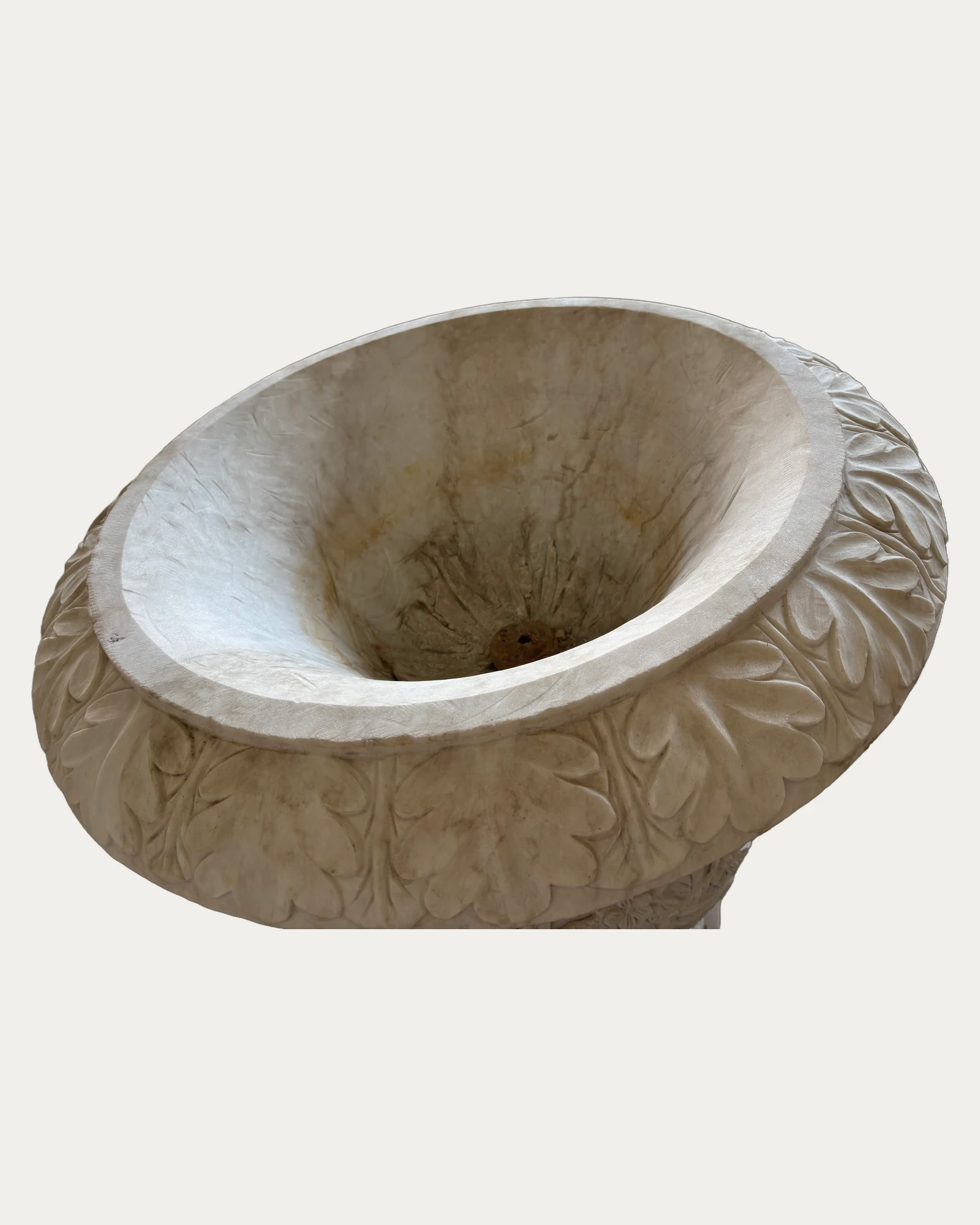 Large White Floral Urn Planter, carving and surface detail 3