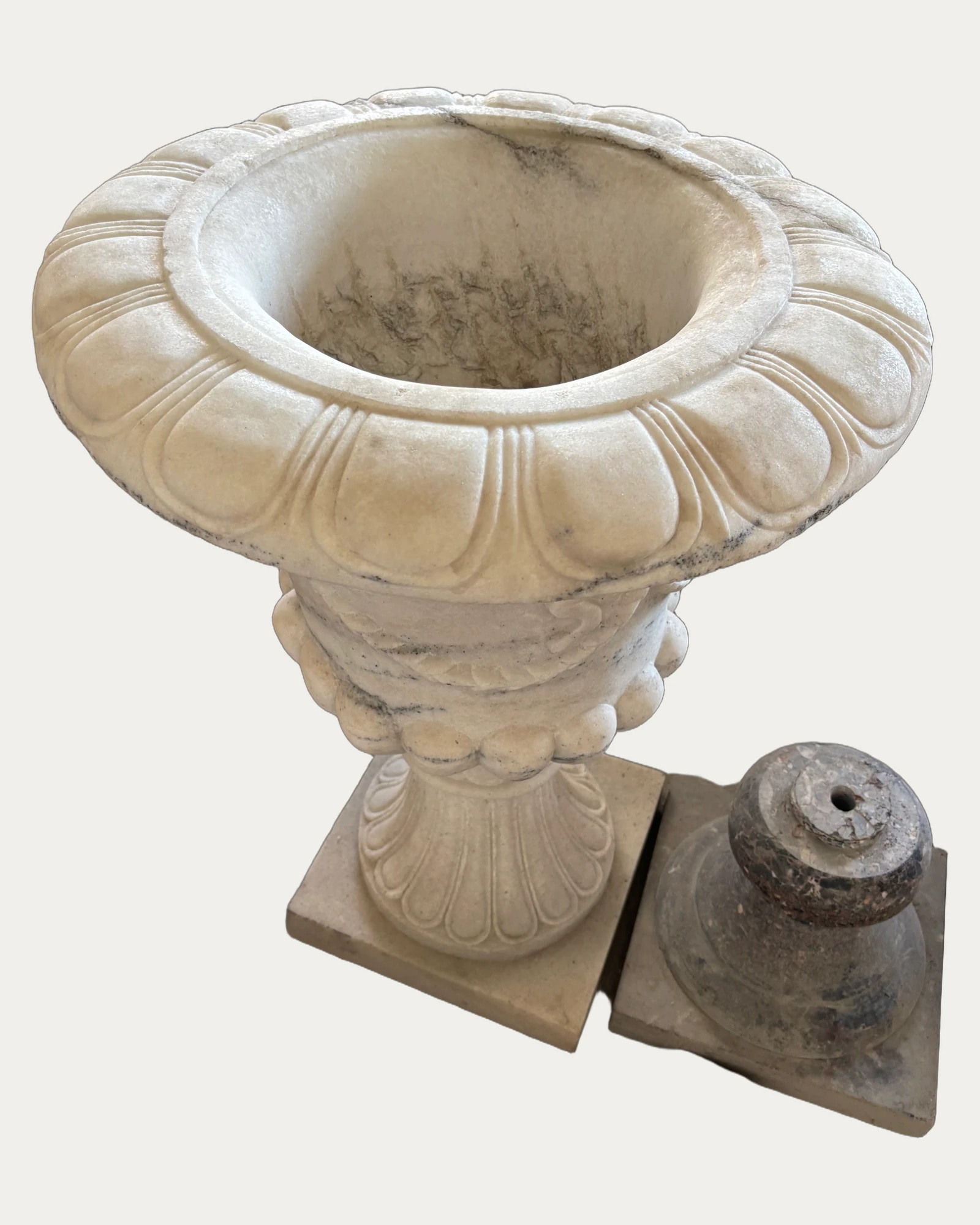 White Leaf Rim Urn Planter, carving and surface detail 1