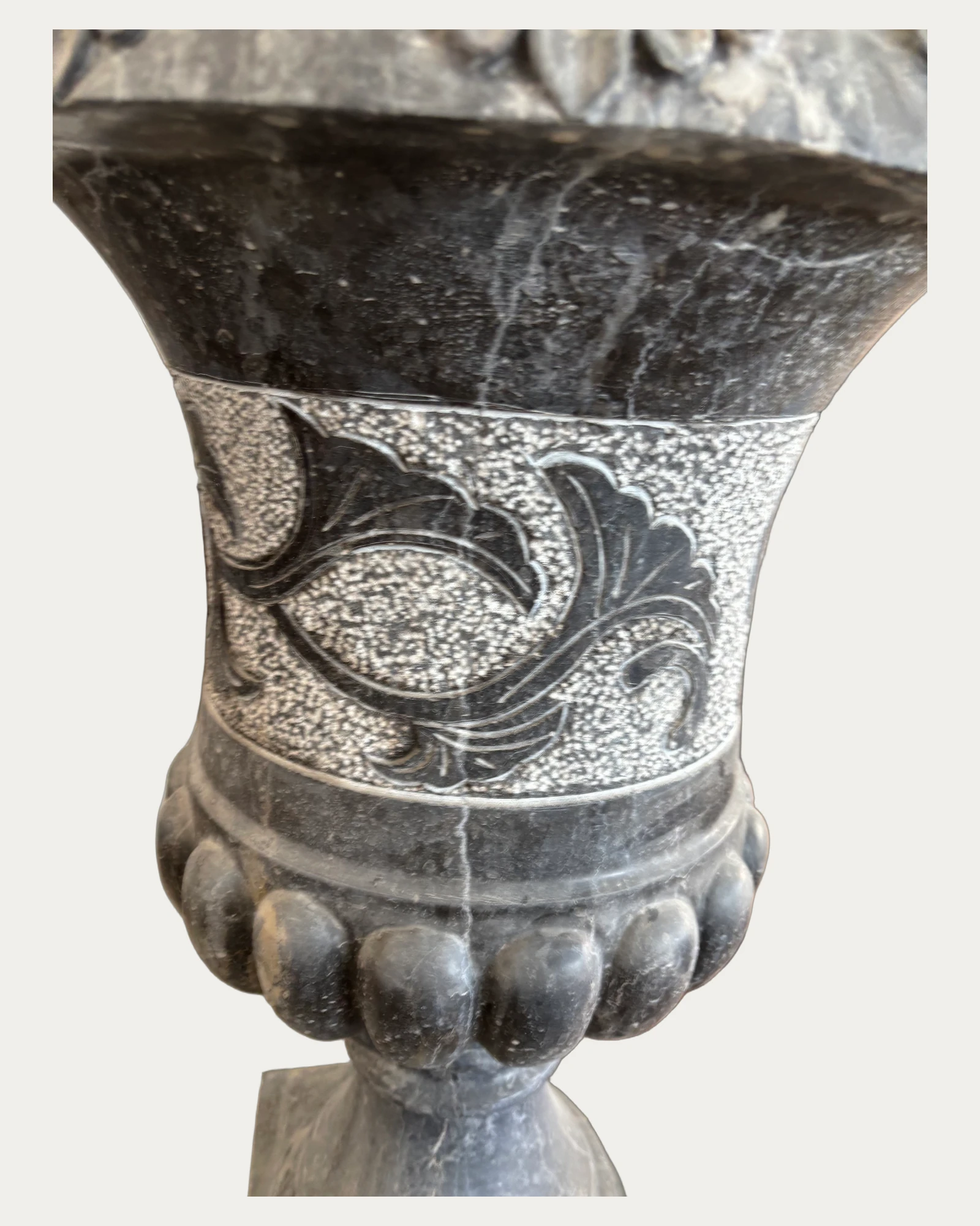 Black Decorative Urn Planter, carving and surface detail 1