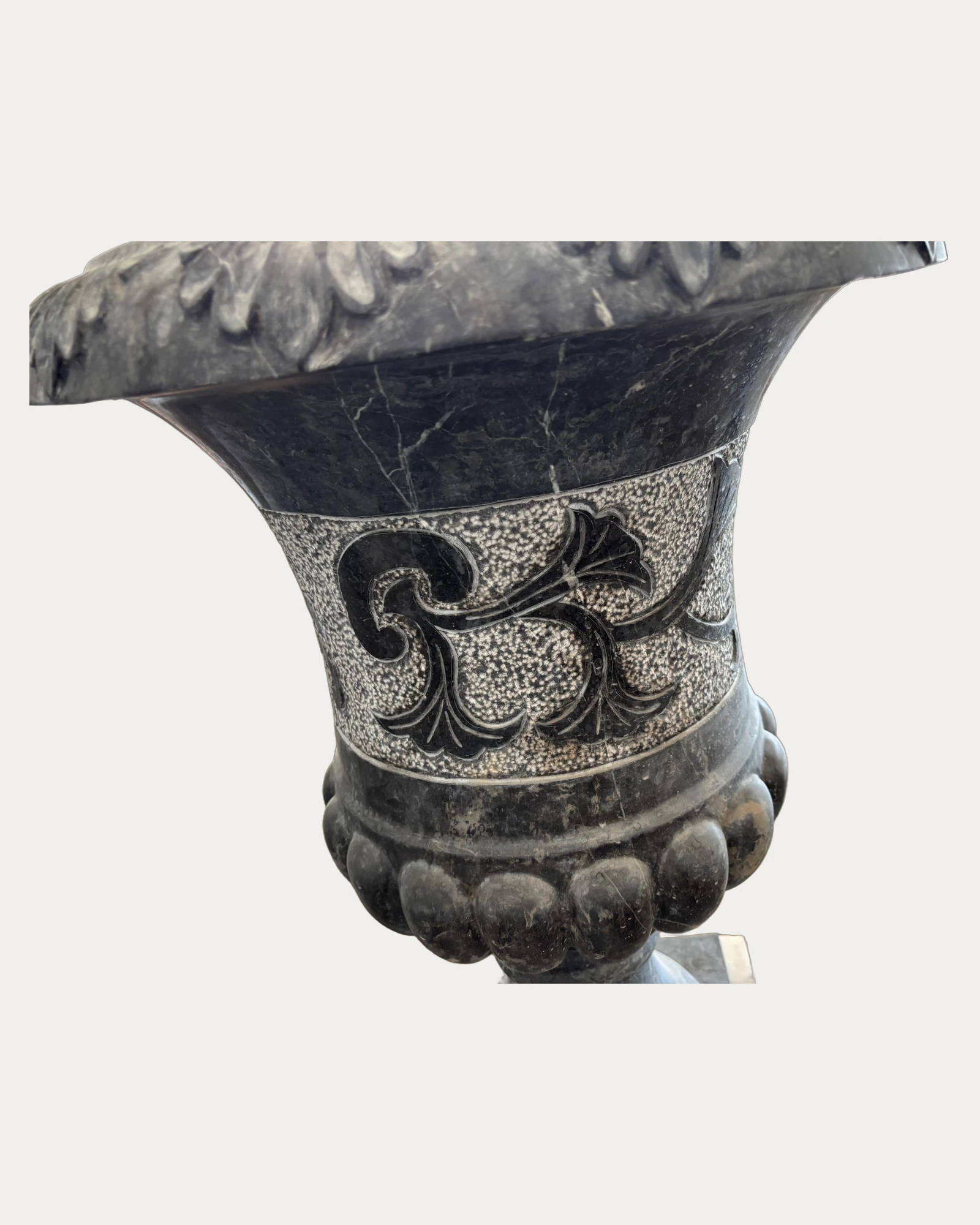 Black Decorative Urn Planter, carving and surface detail 2