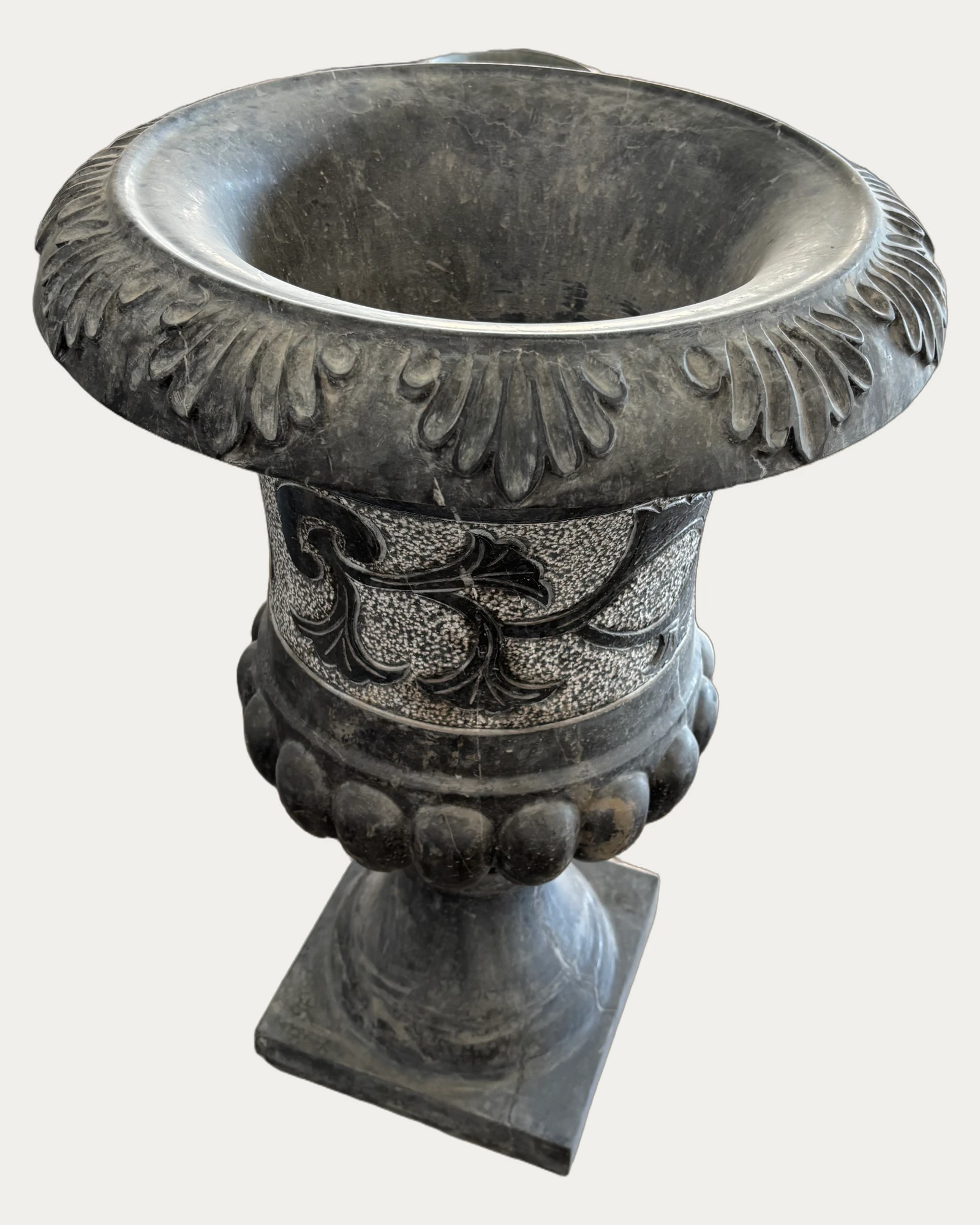 Black Decorative Urn Planter, carving and surface detail 3