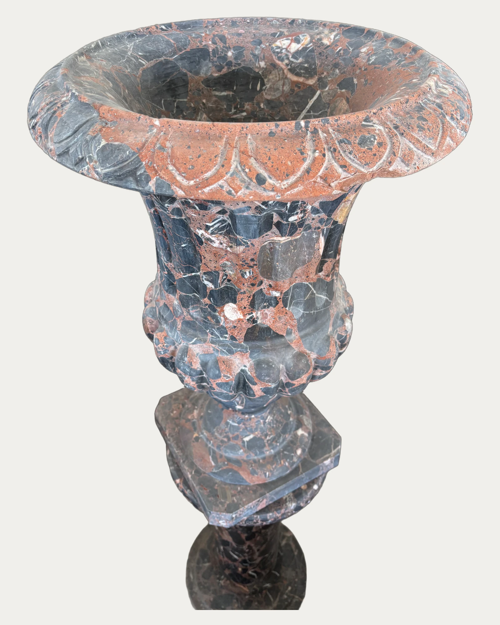 Red and Black Urn Planter, carving and surface detail 1