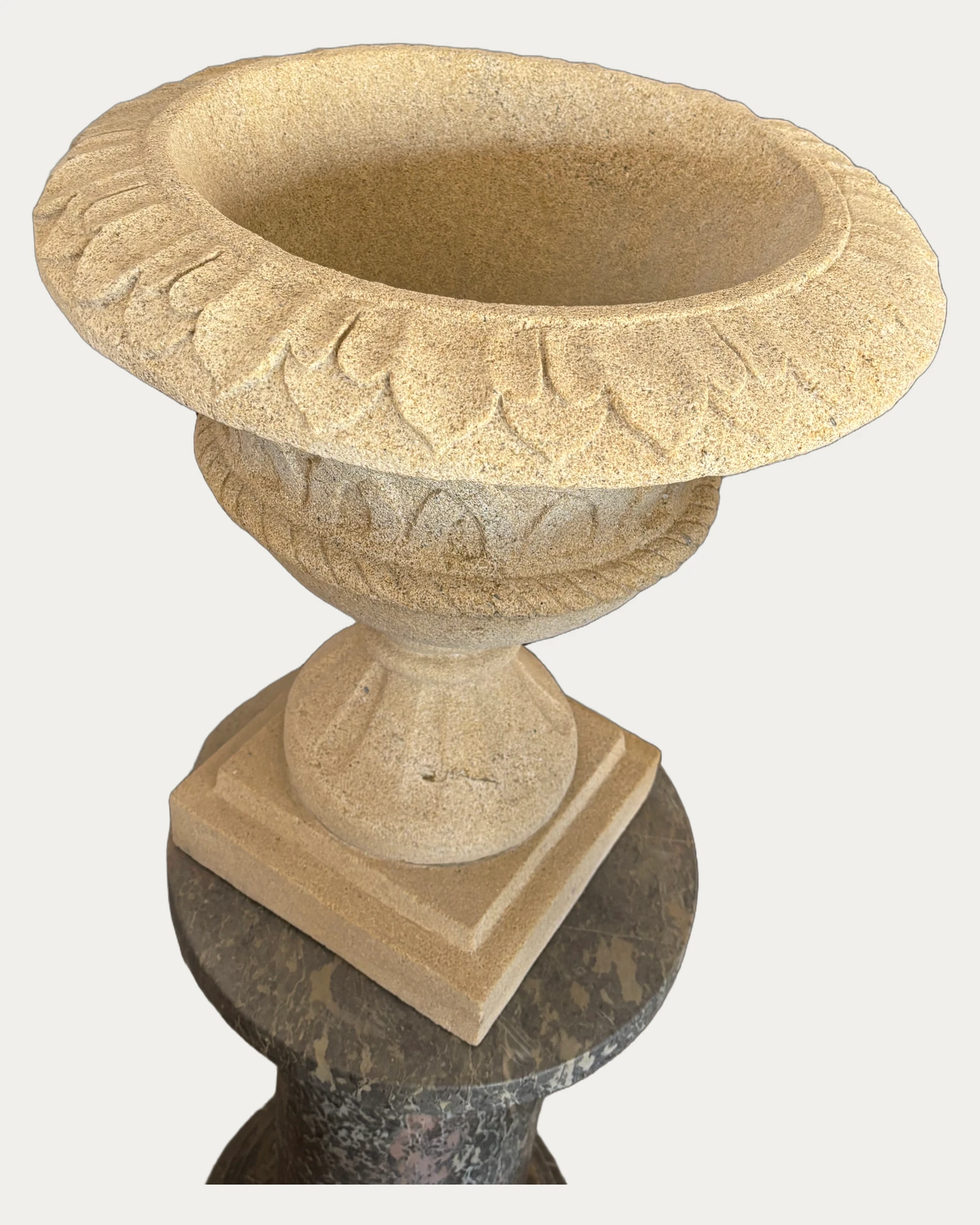 Beige Carved Urn Planter, carving and surface detail 1