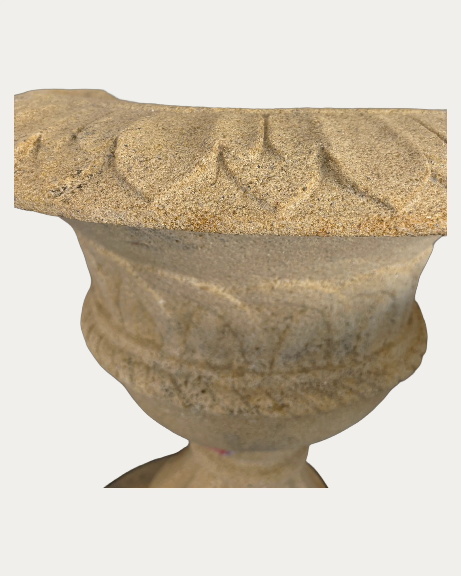 Beige Carved Urn Planter, carving and surface detail 2