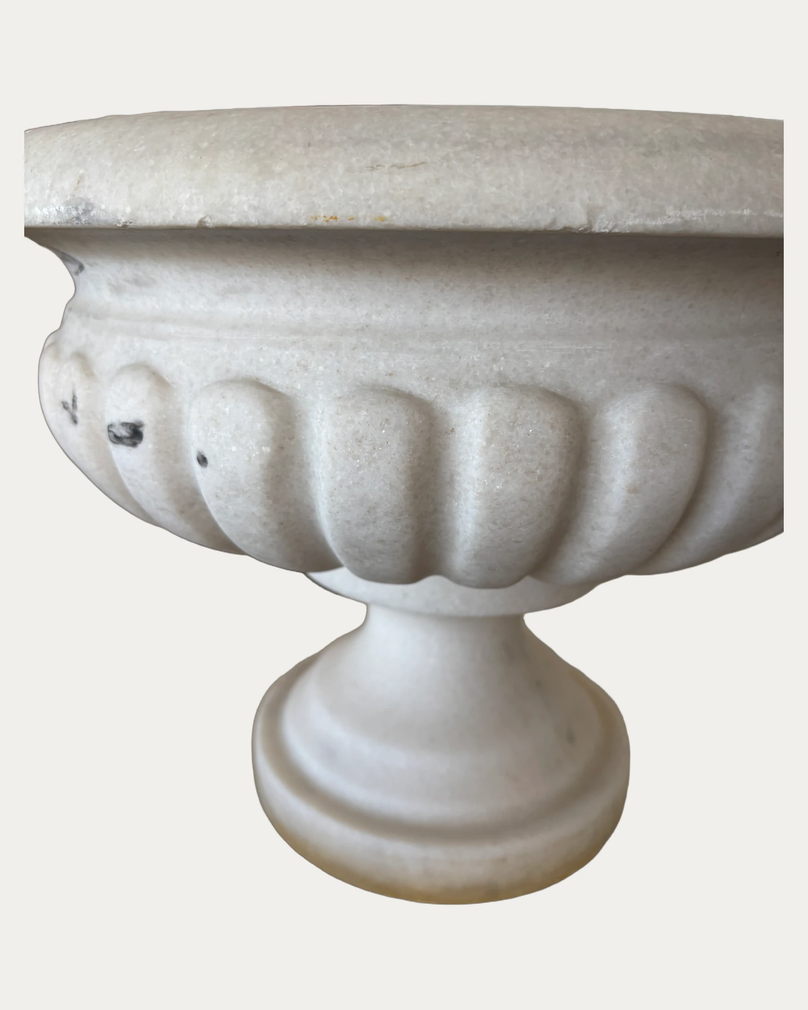 White Round Urn Planter, carving and surface detail 1