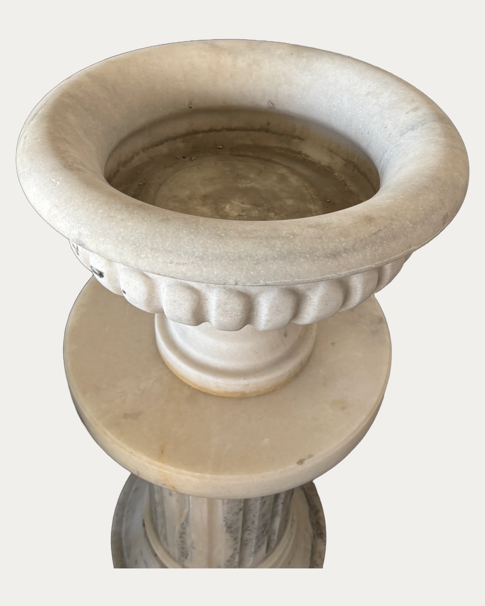 White Round Urn Planter, carving and surface detail 2