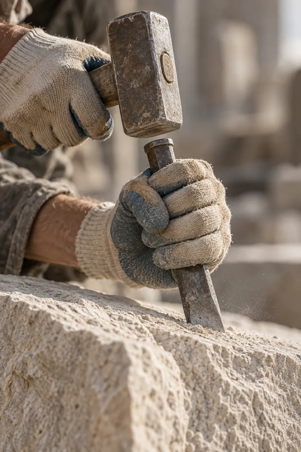 Stone-carving illustration with gloved hands, a hammer, and a chisel